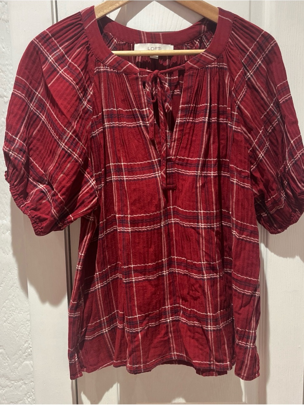 LOFT Burgundy Plaid Tie-Neck Blouse